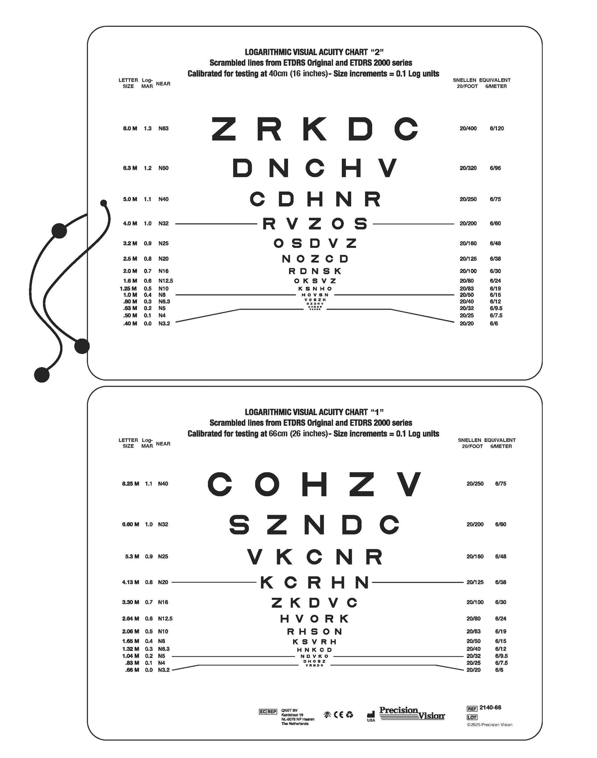 Sloan Letters ETDRS 2000 Series, Charts 1 & 2, 40 cm / 66 cm Near Vision Card