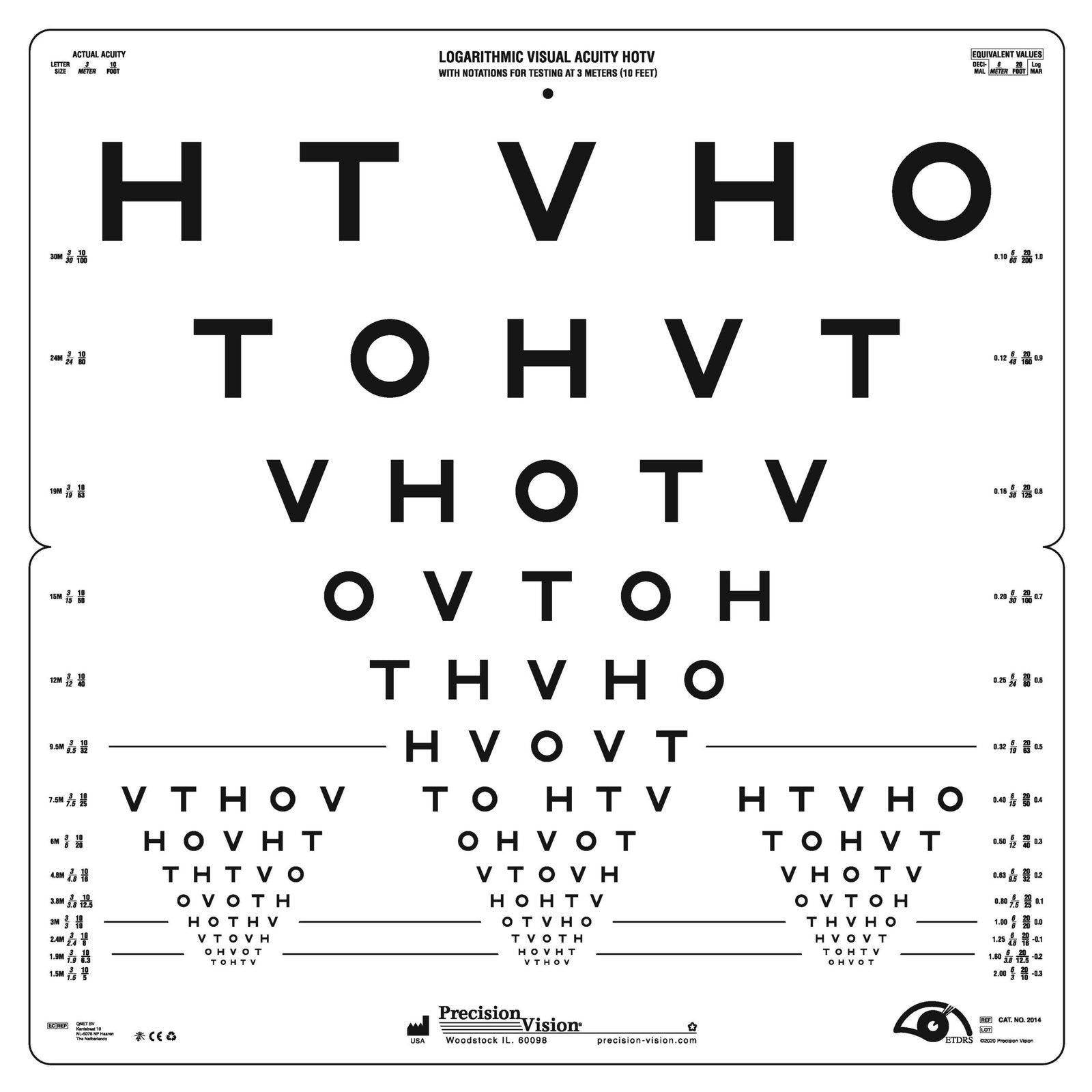 3 Meter ETDRS® Folding Chart with Islands with Sloan, HOTV or PV Numbers