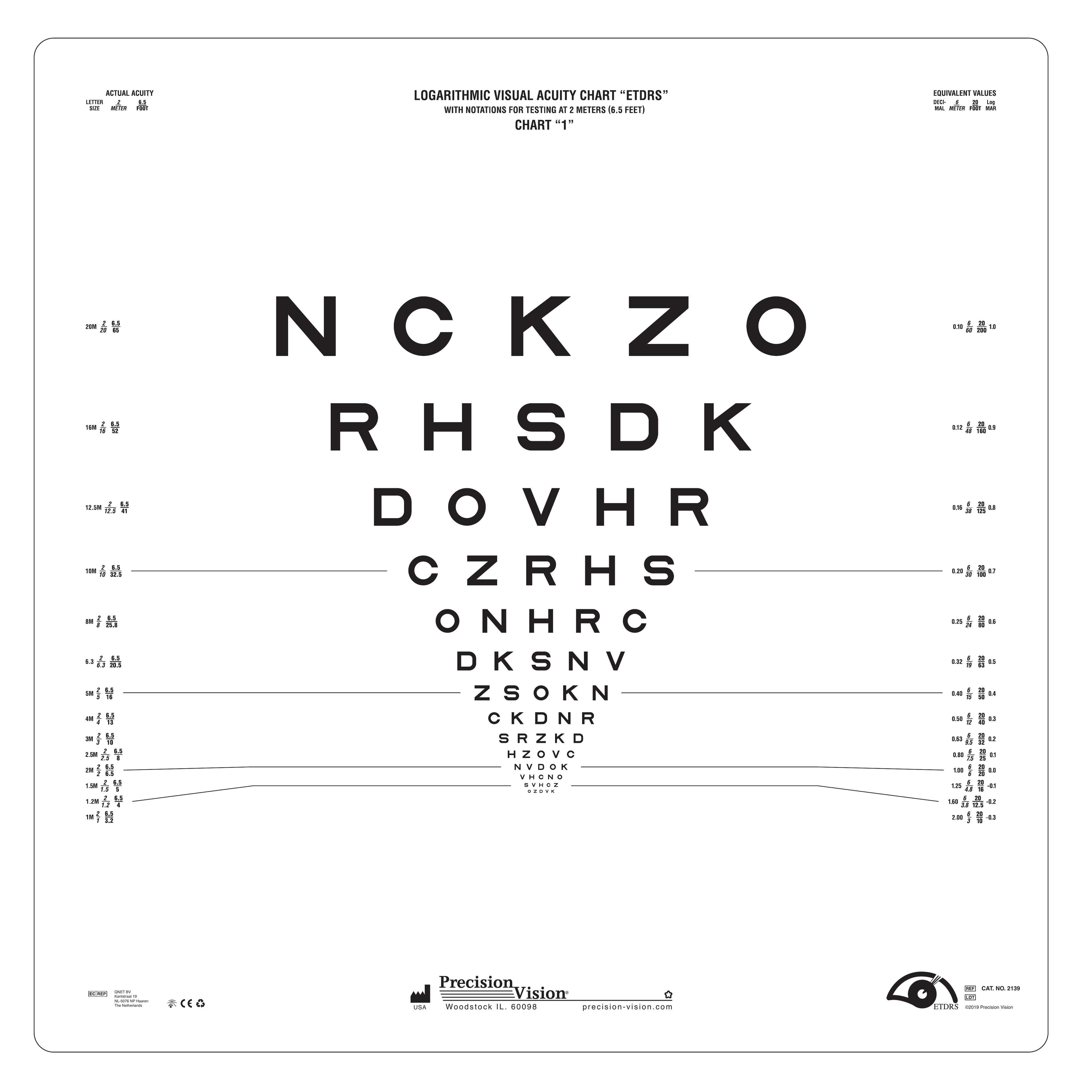 Original Series ETDRS Chart 1 (Cat. No. 2139) — Sloan Letters, 2 meter testing
