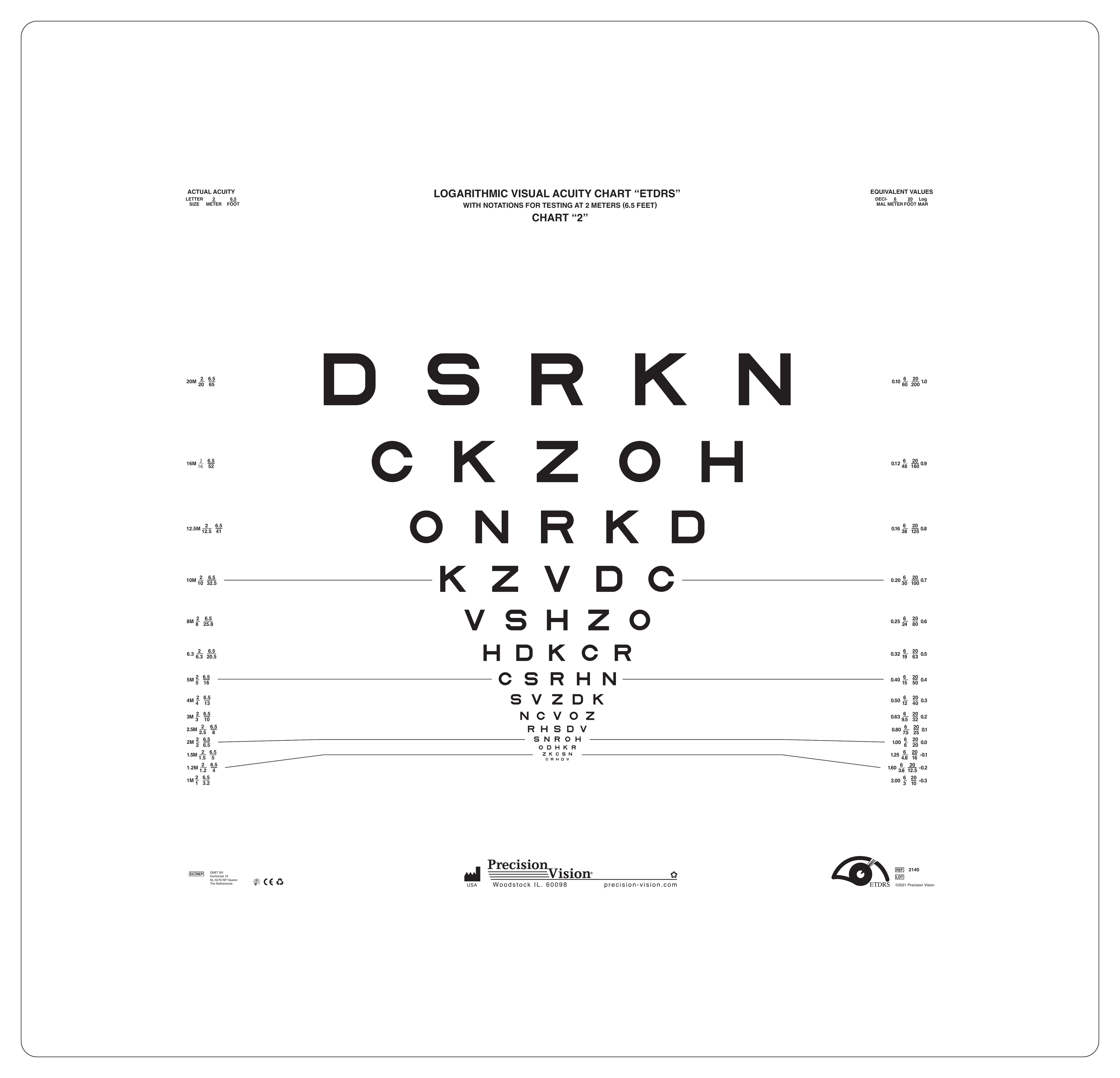Original Series ETDRS Chart 2 (Cat. No. 2140) — Sloan Letters, 2 meter testing