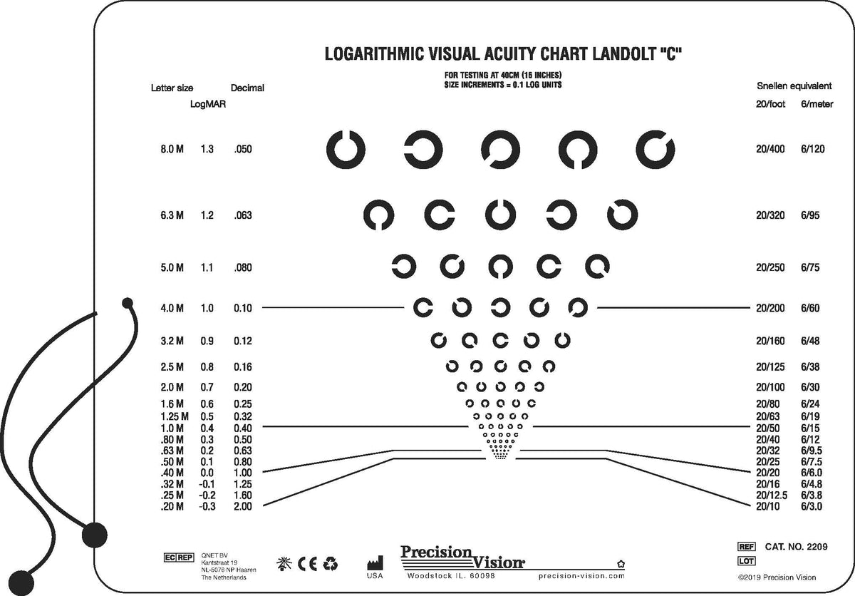 Landolt C (8 Direction) Single-Sided Near Vision Card with 40 cm (16 in) Measuring Cord