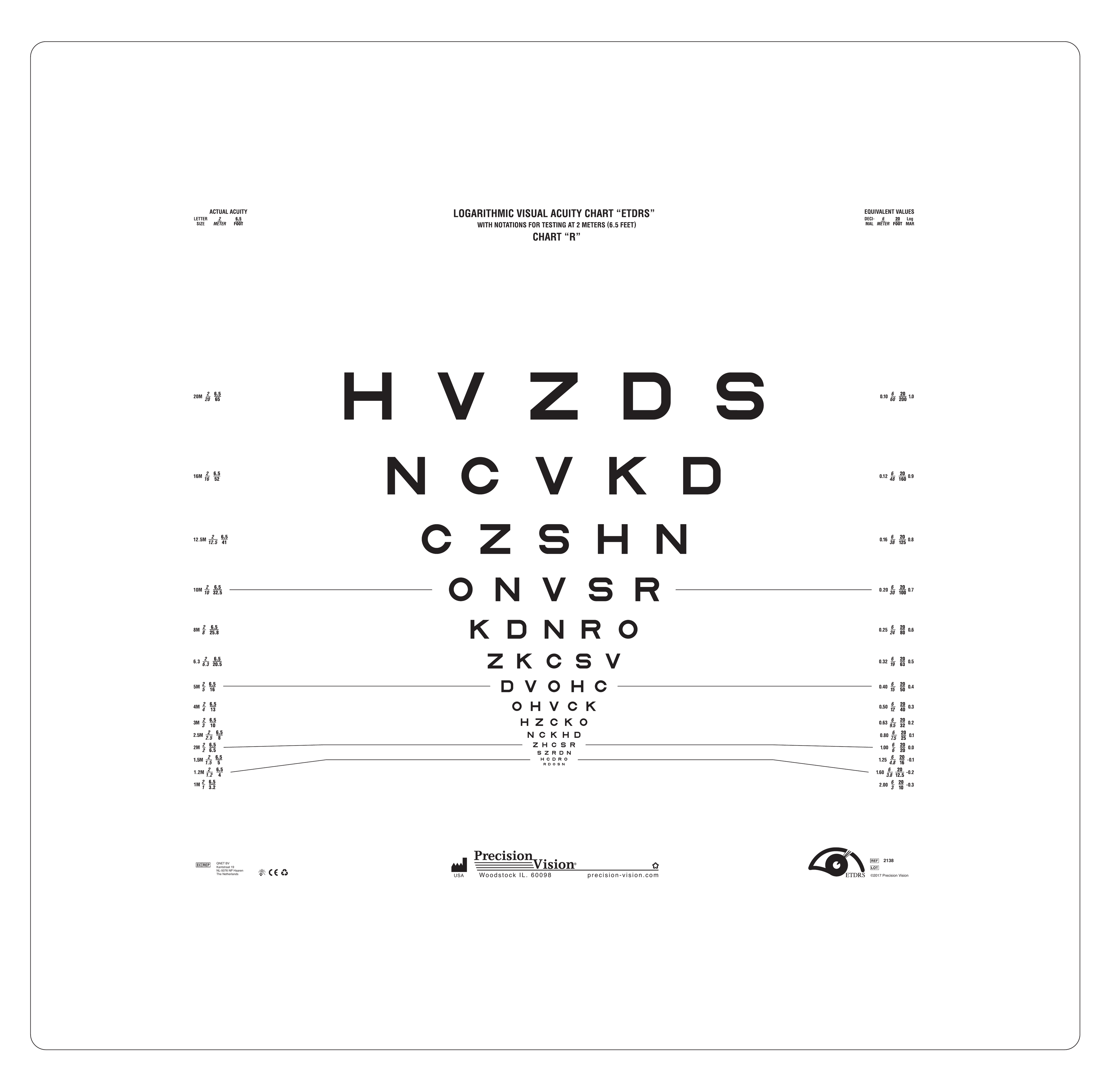 Original Series ETDRS Chart R (Cat. No. 2138) — Sloan Letters, 2 meter testing